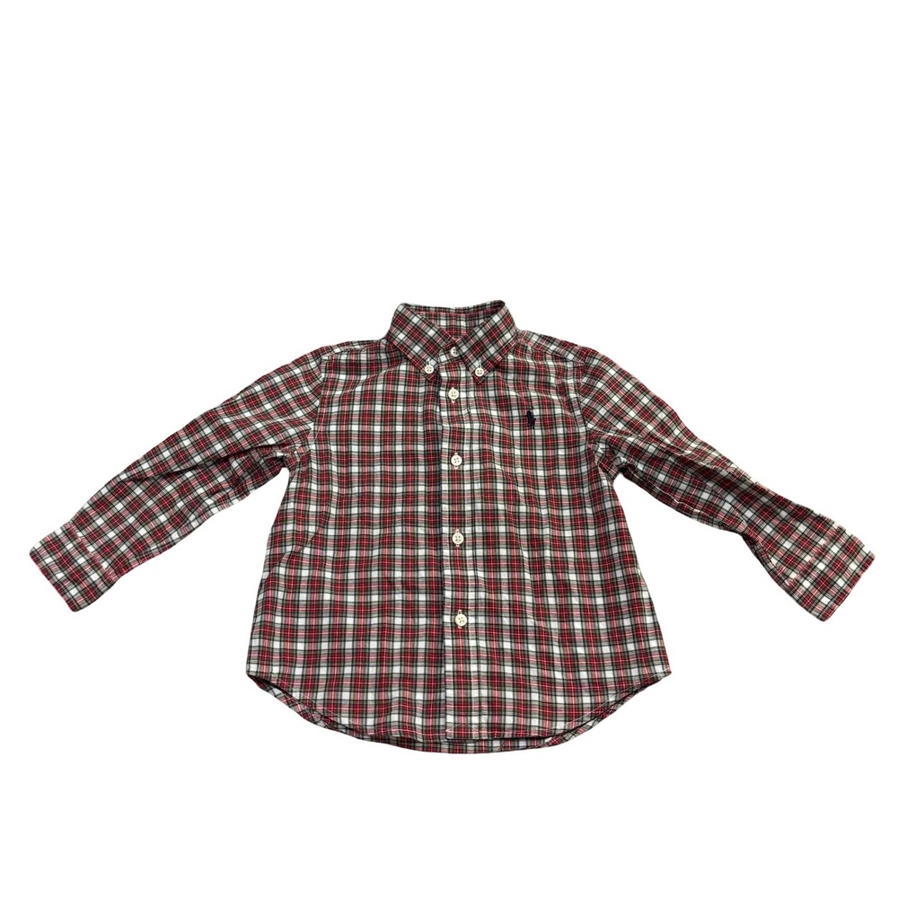 Ralph Lauren‎ Boys 24M Red Plaid Natural Stretch Button Down Shirt Long Sleeve
